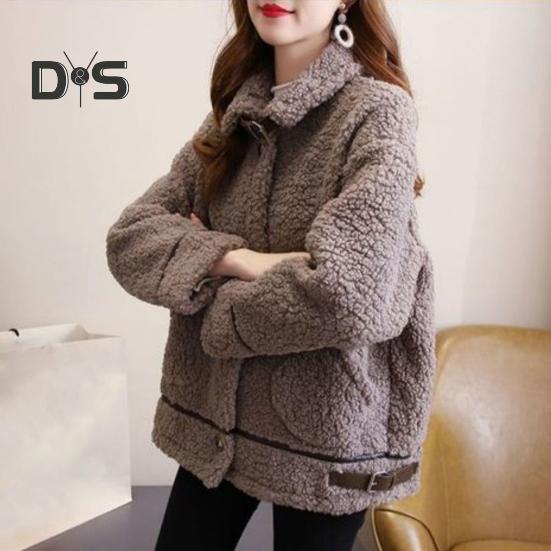 Winter Women Coat Single-breasted Turn-down Collar Long Sleeves Loose Thick Plush Pockets Belt Decor Windproof Warm Jacket