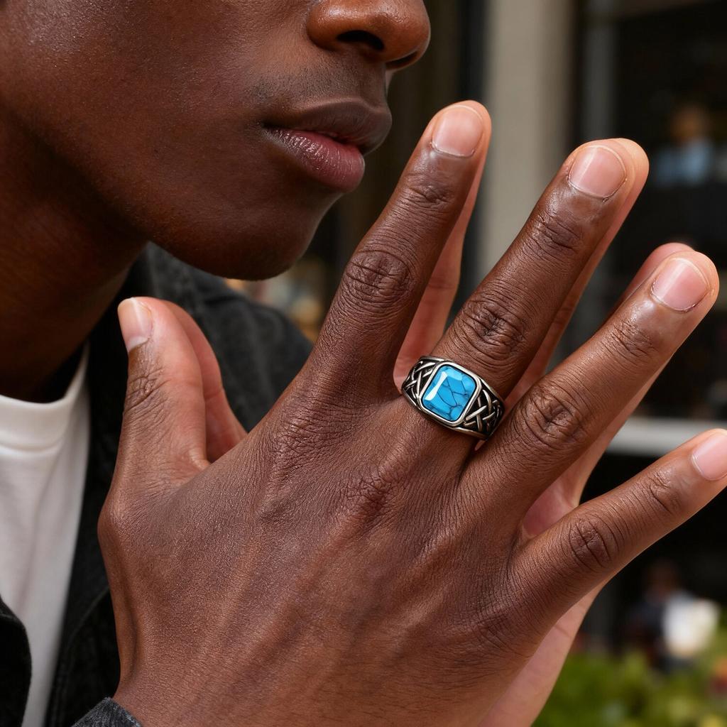 Punk Viking Knot Rings for Men,Vintage Square Natural Stone Signet Ring,Retro Ethnic Rock Jewelry Gift