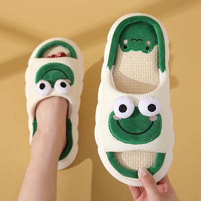 Pantofole in lino per la casa con rana adorabile primavera/autunno per uomini e donne, coppie, pantofole fresche con suola spessa antiscivolo per uso interno