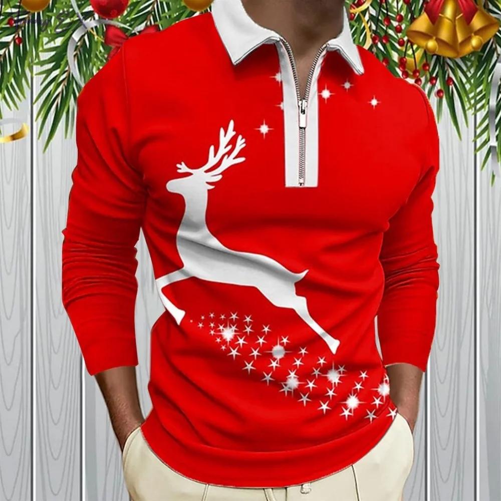 Weihnachts-Poloshirt für Herren Grafikdruck Lässig Revers Golfbekleidung Herren T-Shirt Oberteile Mode Sport Langarm Herrenbekleidung