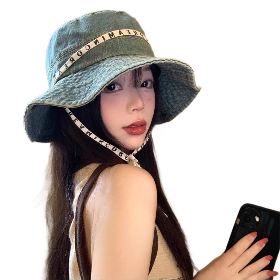 Letter strap cowboy hiking hat women's outdoor hiking big head bucket hat vintage western cowboy hat