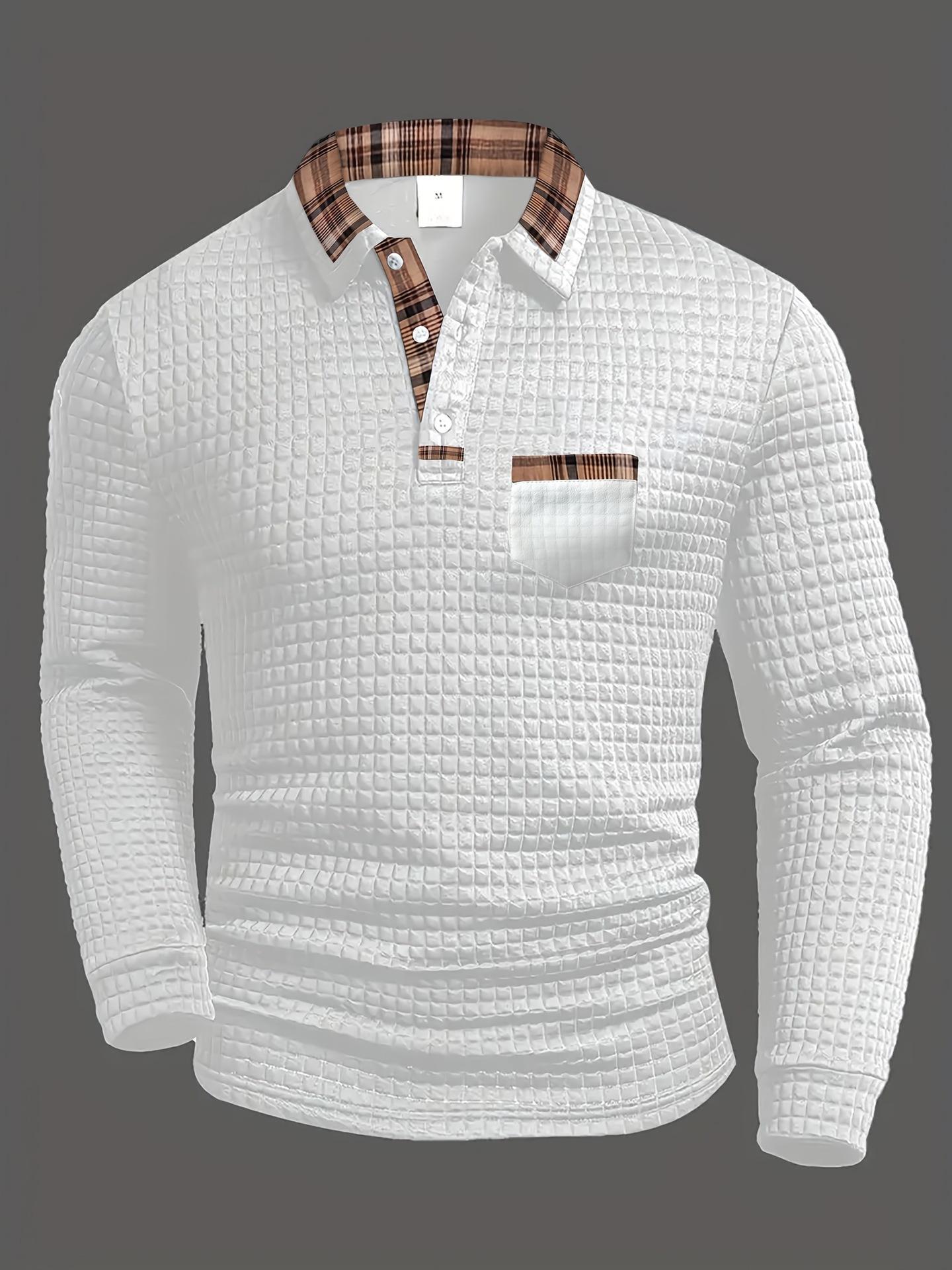 

Men s Spring Autumn Polo Shirt, Casual Solid Color Patchwork Plaid Long Sleeve Shirt with Pocket, Collared Athletic Top XXXL білий
