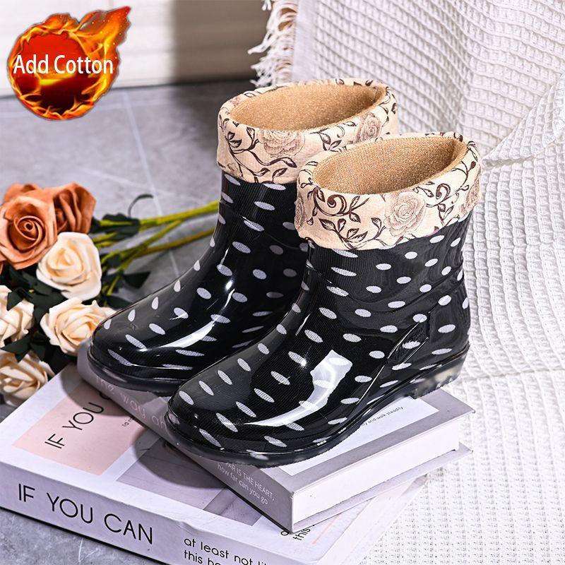Women's Waterproof Short Shaft Rain Boots Fleece-Lined Anti-Slip Warm Rubber Boots for Kitchen & Outdoor Stylish Adult Footwear