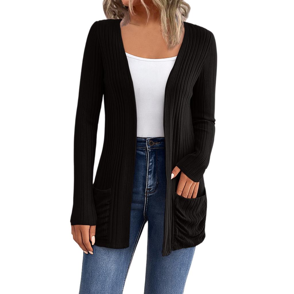 Women's Long Sleeved Solid Color Medium Length Knitted Cardigan Pocket Jacket Sweater Knitted Sweater