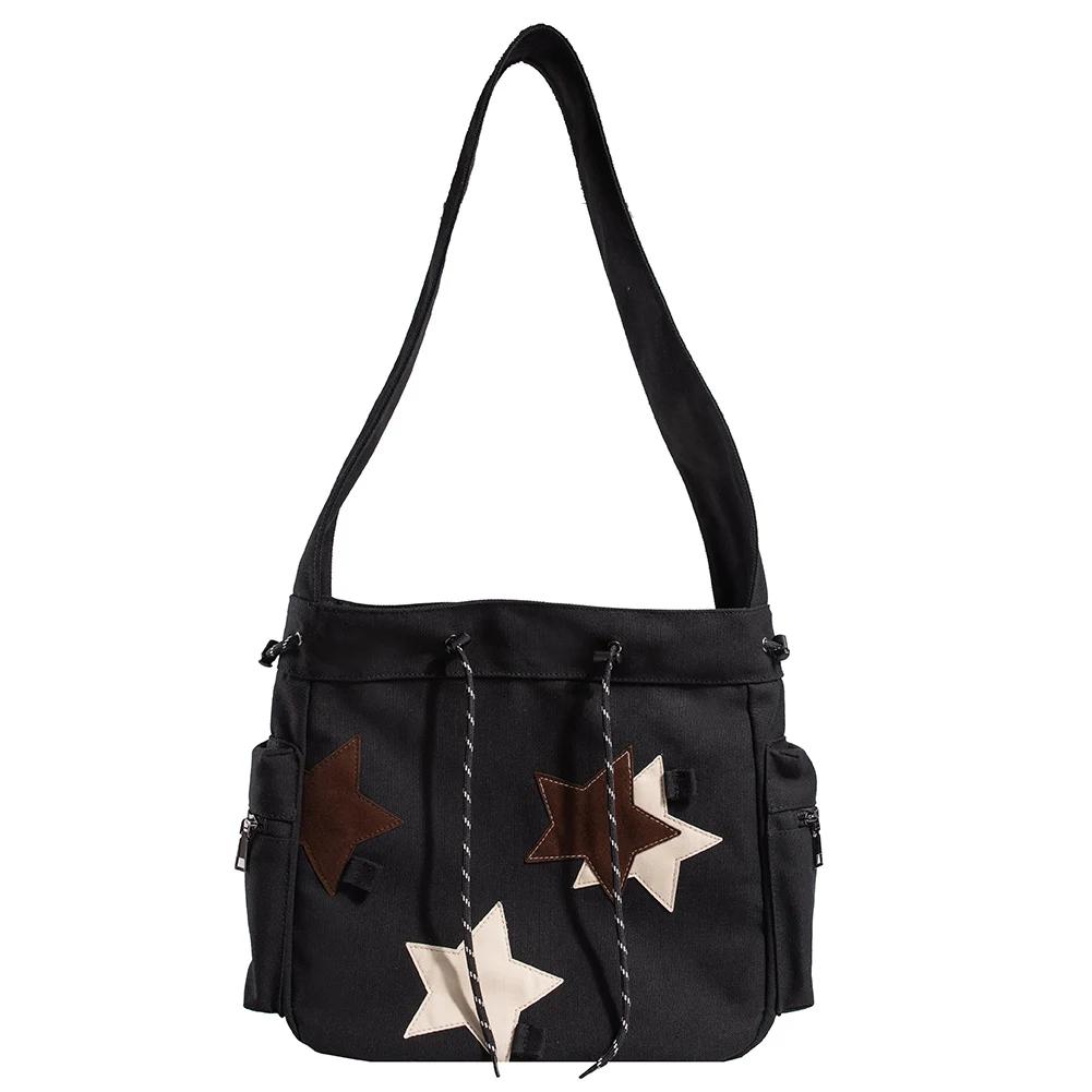 Damen Süße Umhängetasche Große Kapazität Canvas Schöne Umhängetasche Stern Applikation Y2K Street Style Schultasche für Teenager Schüler