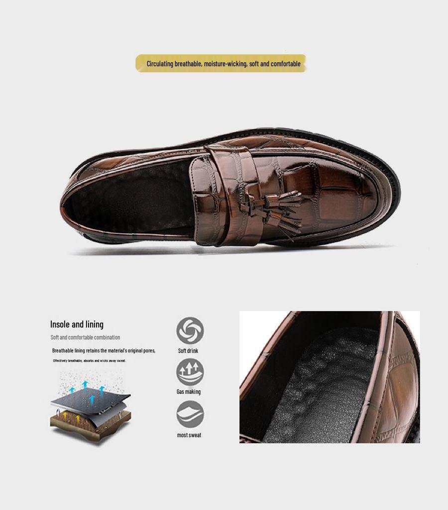 Herren Slipper aus Leder mit Krokodilmuster und Quaste - Spitz zulaufend, Britischer & Koreanischer Stil für formelle Anlässe, Business oder Hochzeit.