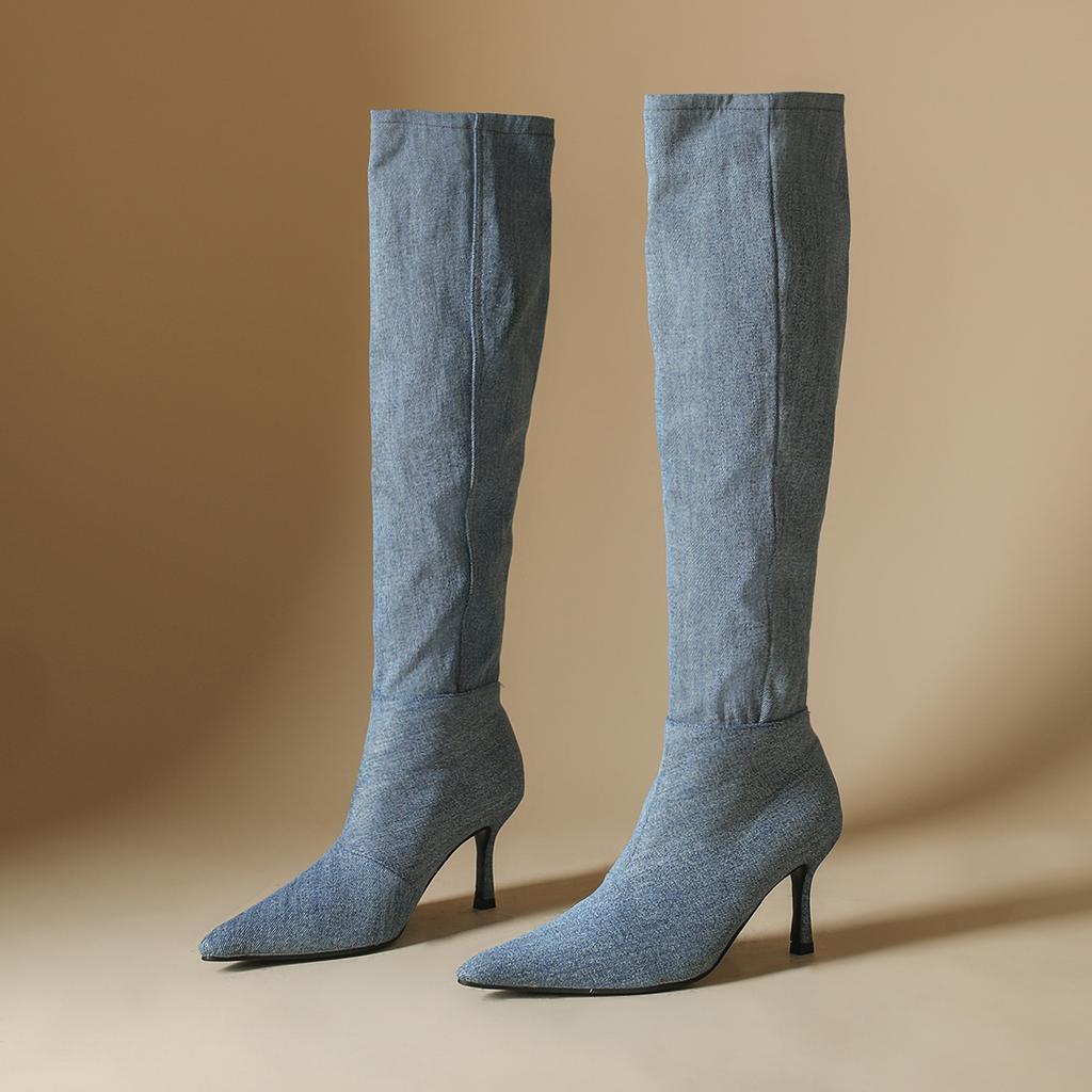 Wide Boots Spice Girls Cowboy Pile Boots High Heel Pointed Boots Thin Heel High Boots Big Boots Women's Boots Boots