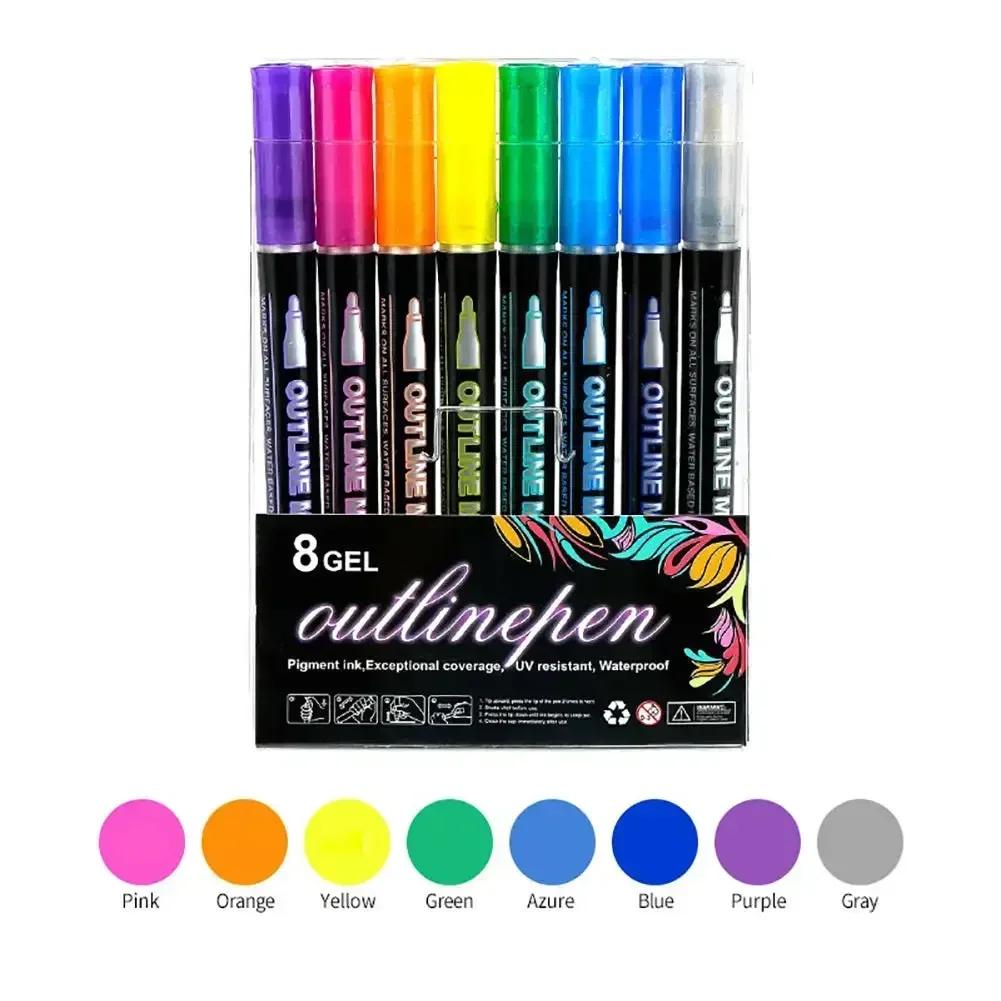 

8/12/24 Colors Double Line Outline Pens Self-Outline Metallic Markers Glitter Writing Drawing Pens For Christmas Card Writing