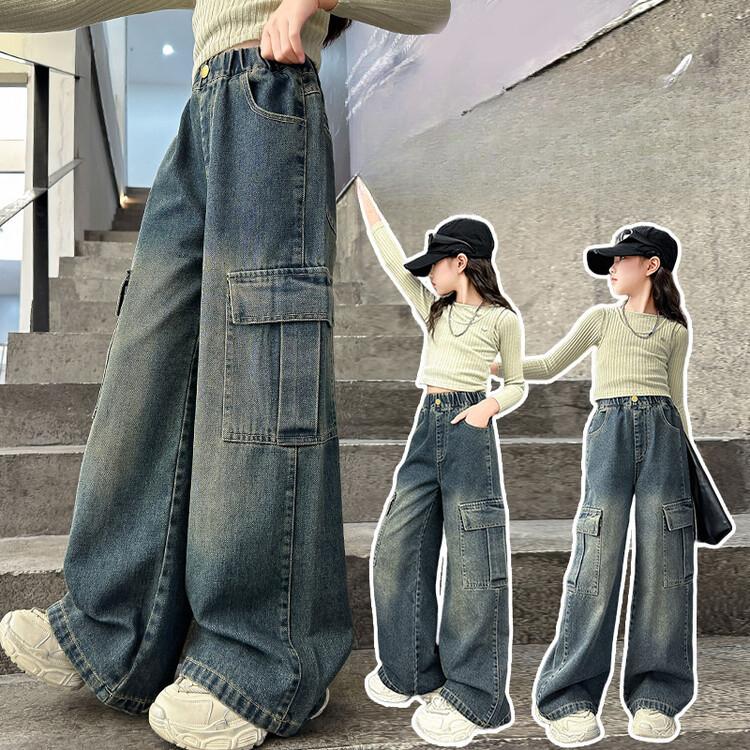 Girls' Pants Spring and Autumn Retro Jean Denim Work Pants Girls' Straight Leg Pants Wide Leg Pants