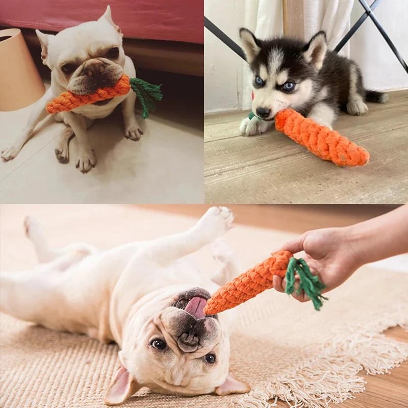 Factory New Design Cotton Rope Carrot Shape Dog Teeth Cleaning Squeaky Durable Interactive Chicken Flavor Chew Toys Indoor Fun