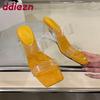 Fashion Fashion Transparent Heels Women Wedges Slippers Shoes Square Toe Ladies Heeled Sandals Slippers Shoes Female Slides Pumps