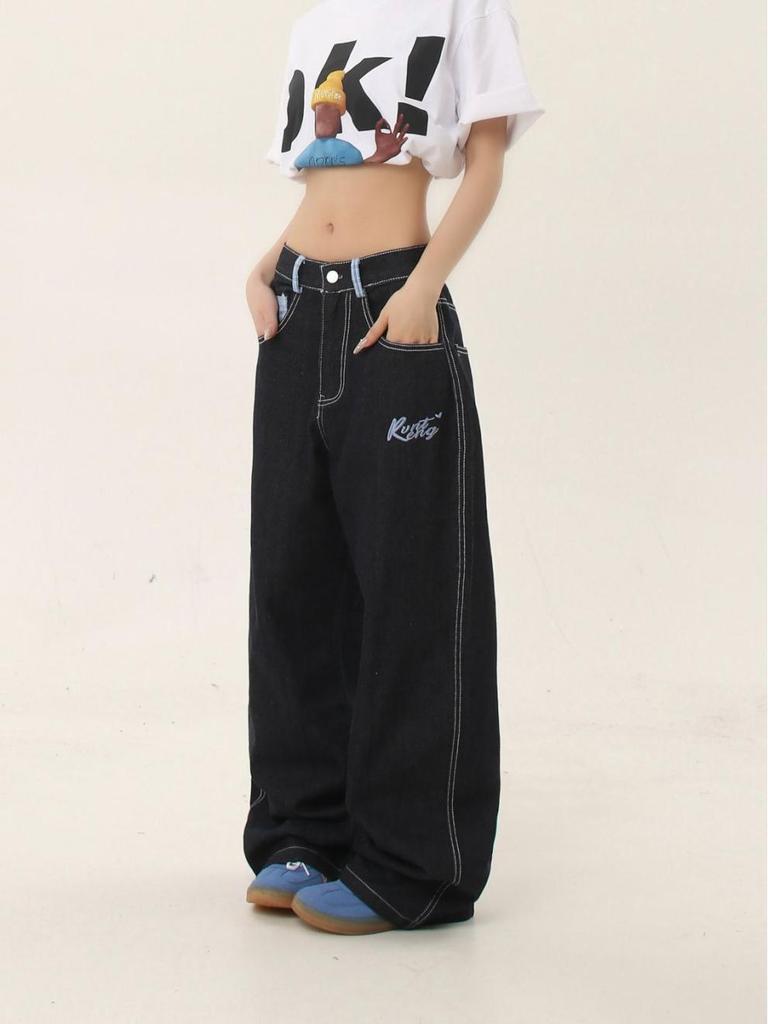 Jeans Rectos con Puño de Patchwork Cuadros Americanos - Pantalones Casuales Retro de Verano para Mujer