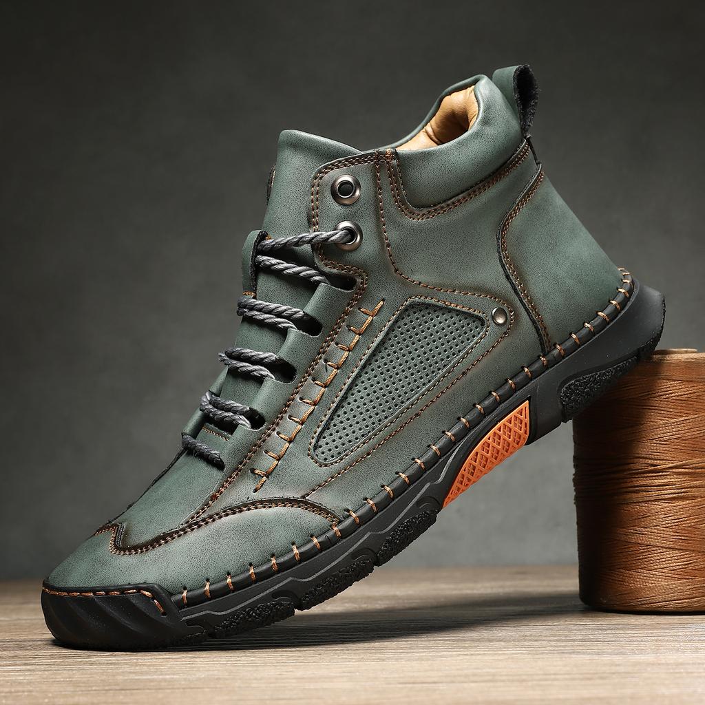 Large Size Men's Shoes Leather Boots Men's Fashion Stitching Shoes Ankle Boots Flat Lace-Up Martin Boots Outdoor High Top Shoes