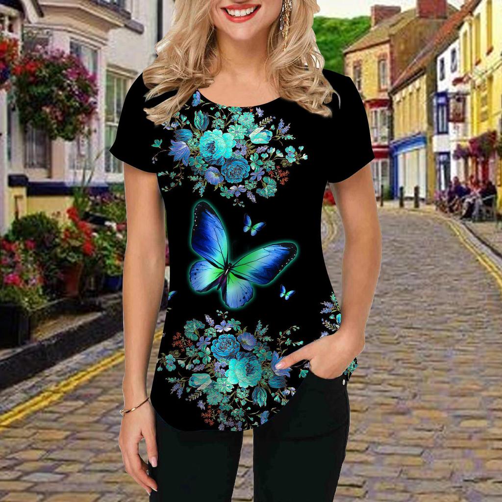 Fashion Women Two Butterflies Print T Shirt Funny Casual O-neck Short Sleeves T-shirt Summer Female Tee Shirt