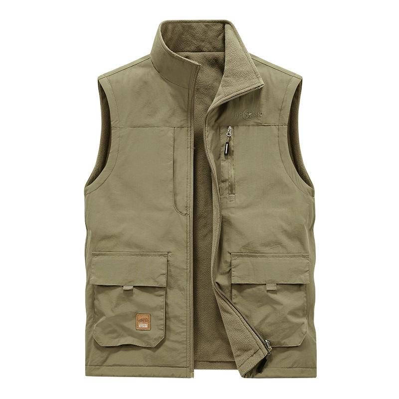 Men's Large Size Winter Warm Velvet Thickened Sleeveless Vest, Double-sided Wear Multi-bag Waterproof Vest