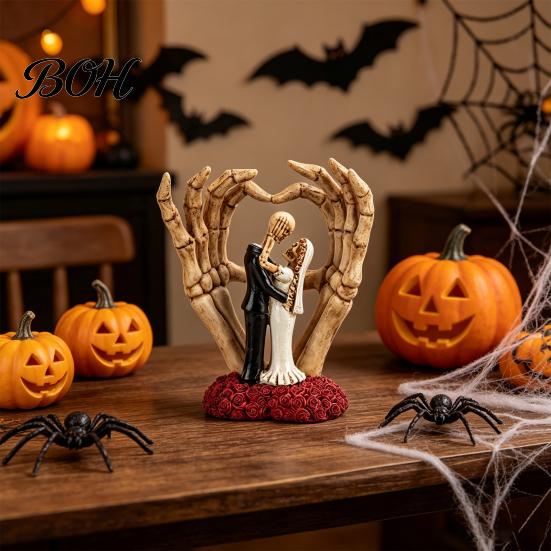 Gothic Themed Resin Collectible Skeleton Couple And Hand Ornament, with Rose Base, Durable Dark Romantic Halloween Decoration Skull Wedding Decor, for