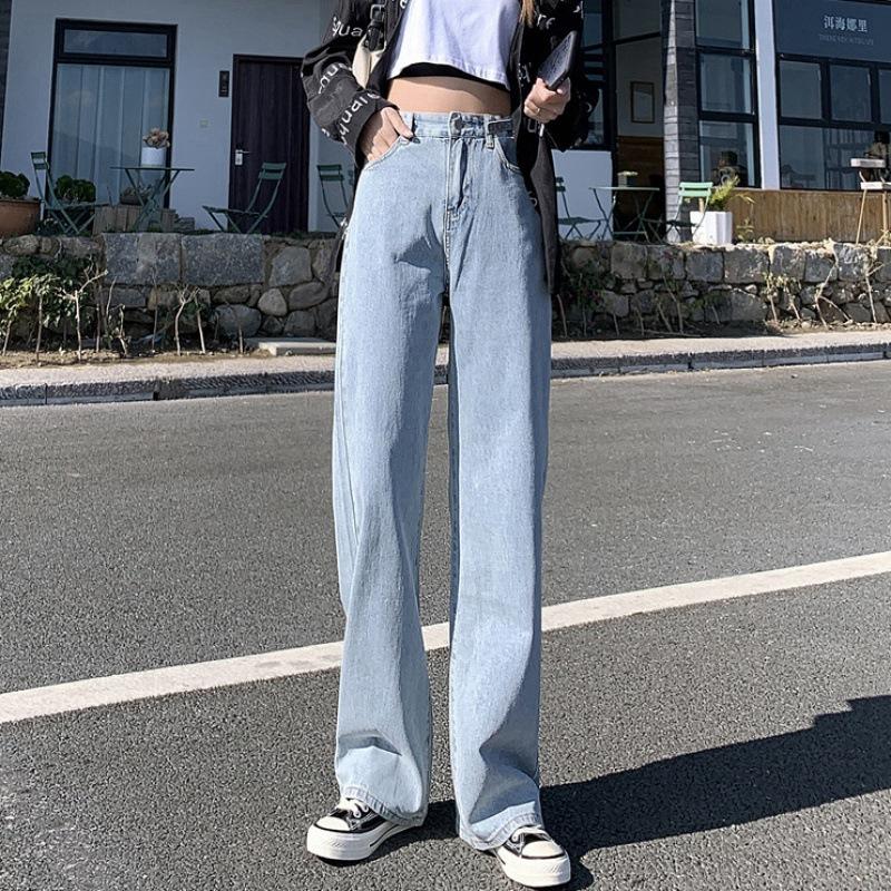 

Джинсы широкие для женщин ретро с высокой посадкой прямые брюки джинсы регулируемый обхват талии 2XL светло-синий