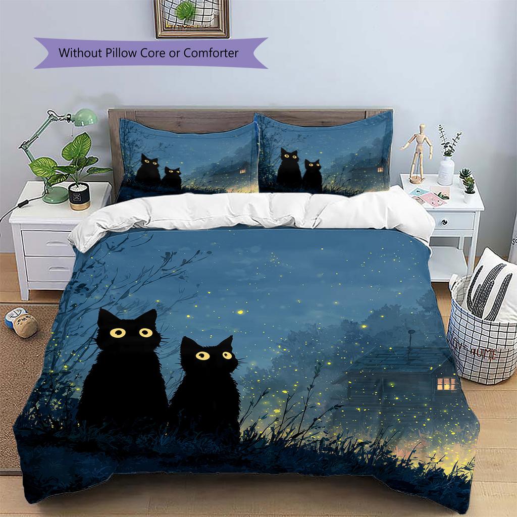 Black Cat at Night Pattern Bedding Quilt Set  Home Decoration  Gift (1 * duvet cover + 2 * pillowcase  without core)