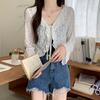 Elegante e Carino Cardigan Sottile con Laccetti e Pizzo, Top Sottile Traspirante con Maniche Lunghe in Chiffon e Volant per Donna, Mantellina Estiva