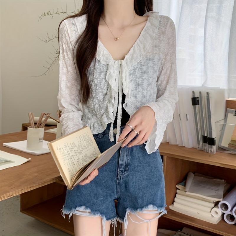 Elegante e Carino Cardigan Sottile con Laccetti e Pizzo, Top Sottile Traspirante con Maniche Lunghe in Chiffon e Volant per Donna, Mantellina Estiva