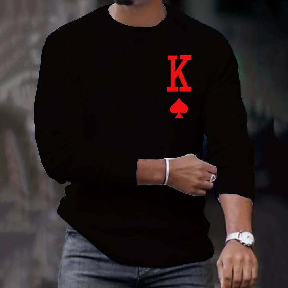 Men's Long Sleeve T-shirts Poker Printed Loose O-neck Tops Oversized Daily T Shirt For Men Tees Shirt Men Clothing