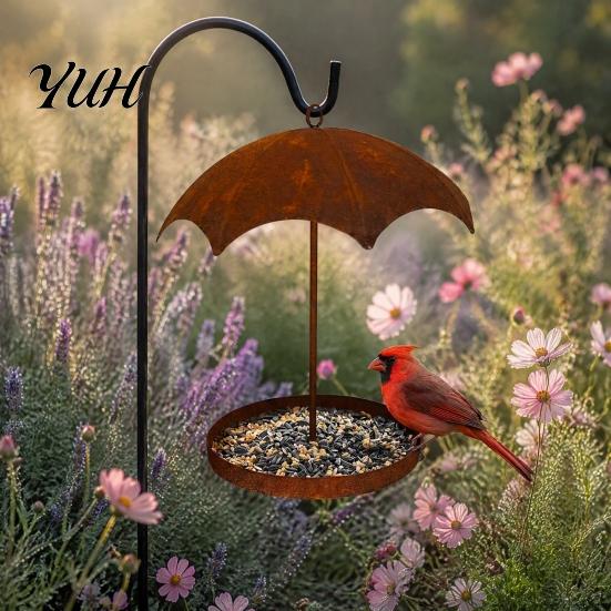Rustproof Yard Bird Watching Supplies Vintage Umbrella Shaped Feeder, Rusty Hanging Wild Feeder with Rain?Shade Canopy, Outdoor for Garden