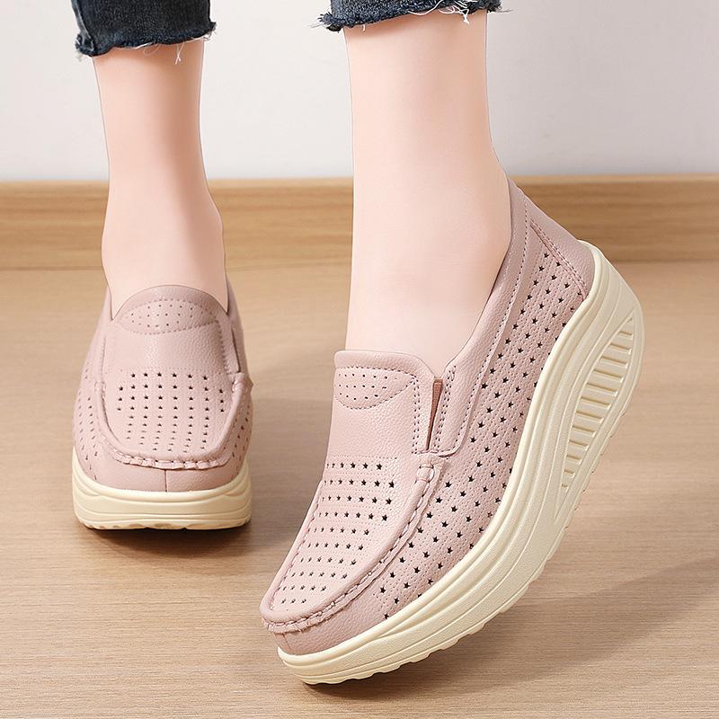 Fashion Wedge Heels Women Platform Shoes Rocker Shoes Genuine Leather Slip-on Loafers Casual Walking Shoes