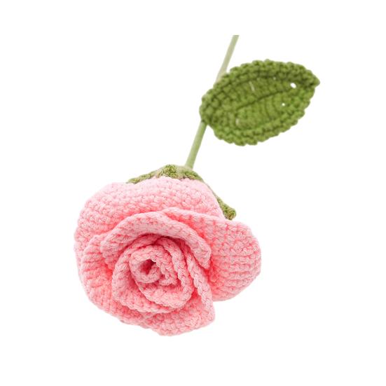Handmade Crochet Rose Flower Knitted Rose Bouquet with Leaves Valentine's Day Anniversary Birthday Artificial Rose Gift for Women Teacher Mom Friend