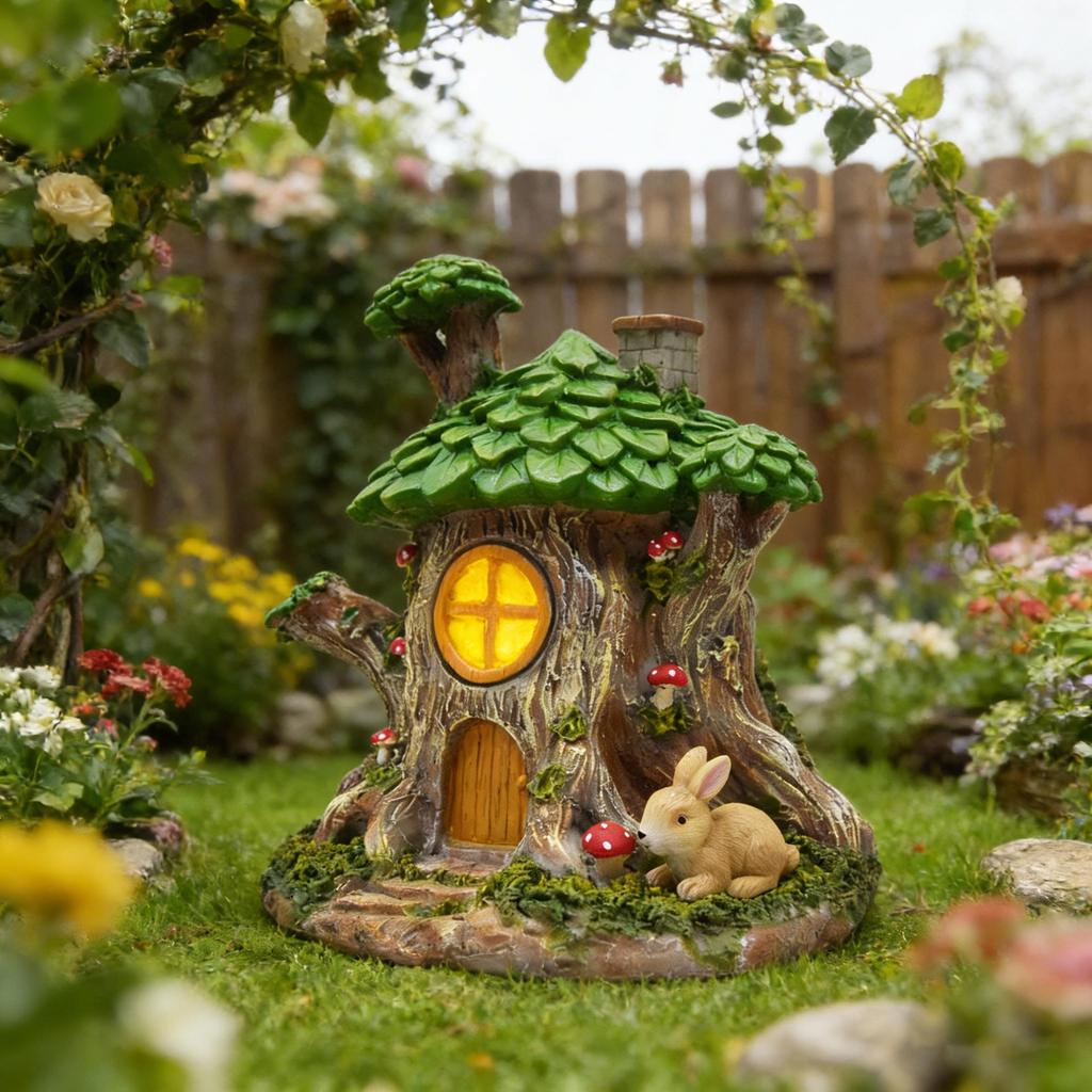 Fairy Tale Forest Resin Tree House Ornament - Mushroom, Rabbit & Micro Landscape Decoration for Garden & Balcony