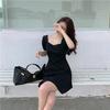 Summer new square collar waist small slim dress French bubble sleeve floral short skirt women