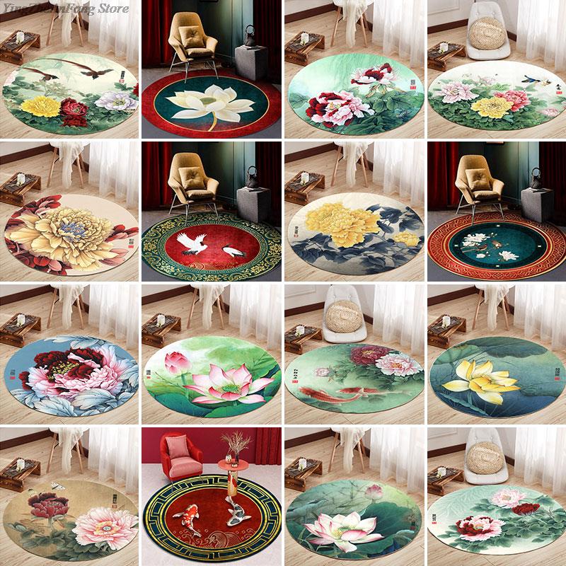 Rond Chinese Stijl Lotus Tapijt Chinese Schilderkunst Kunst Geprint Tapijt Woonkamer Slaapkamer Decoratie Tapijt Bedside Antislip Vloermat