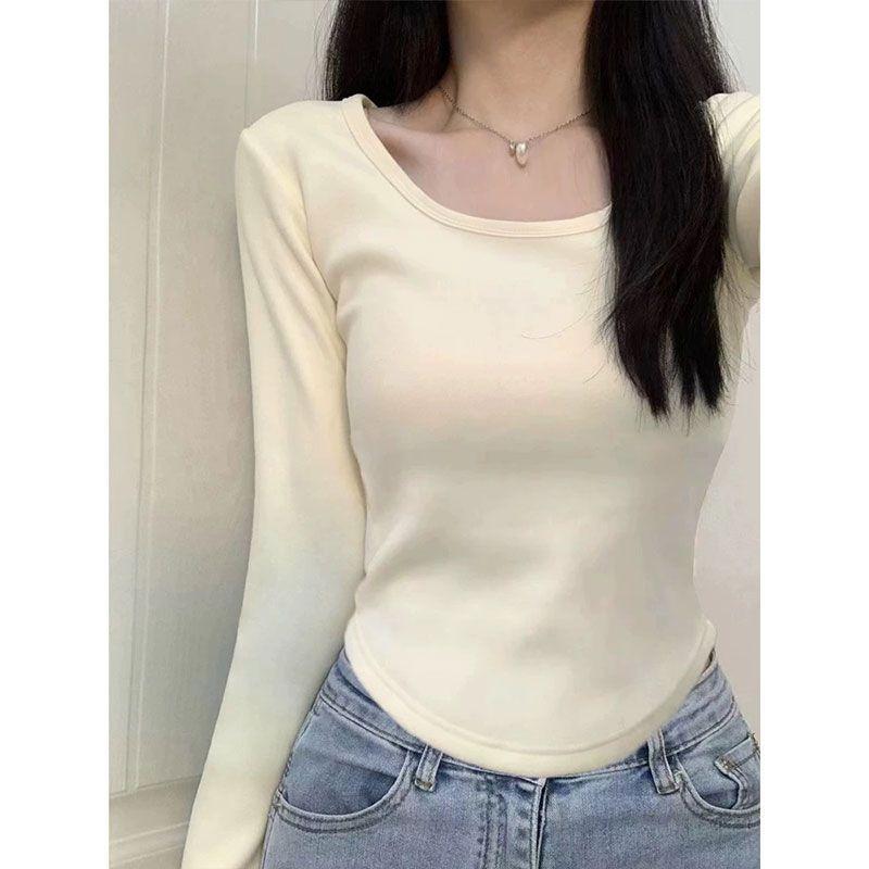 Women Solid Color U Neck Slim Cropped Long Sleeve Warm Fleece Base Layer Shirt