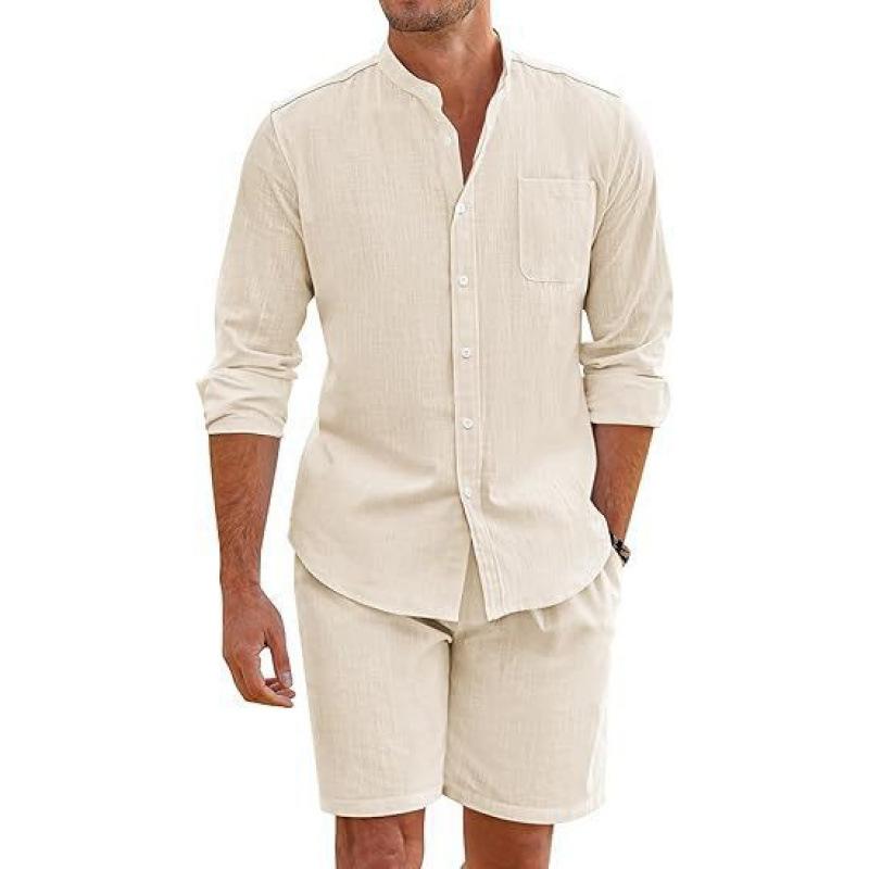 Men's Summer Polyester Two-Piece Set Long Sleeve Button-Up Shirt and Shorts for Casual Beachwear