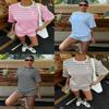 Summer Casual Striped Short Sleeve Tshirt And Shorts Lounge Set For Women