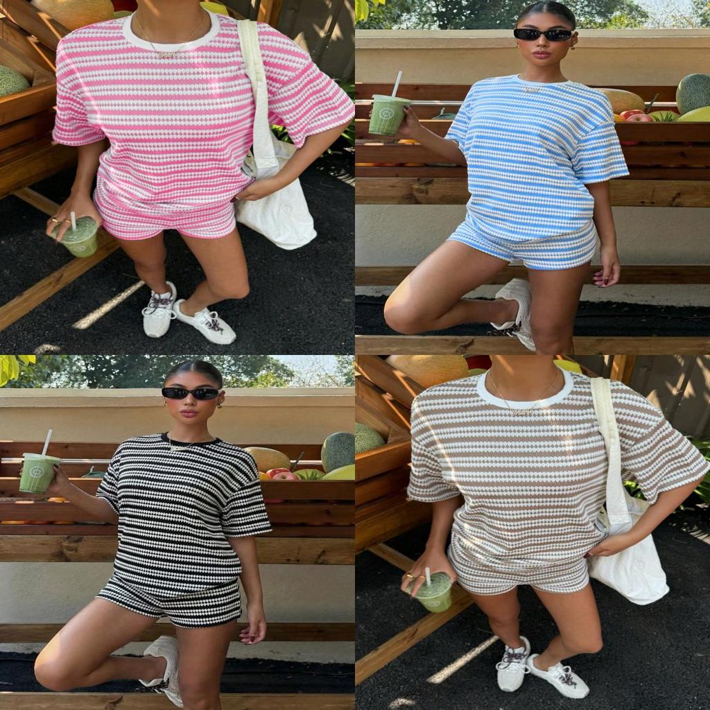 Summer Casual Striped Short Sleeve Tshirt And Shorts Lounge Set For Women