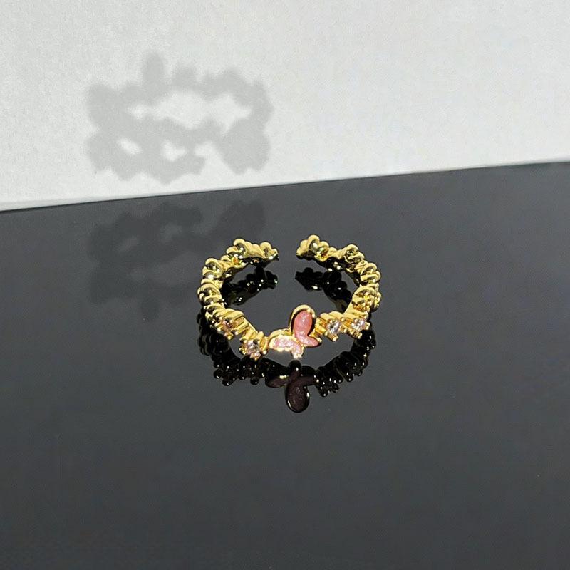 2026 Pink Butterfly Whispering Internet Celebrity French Sweet Sister Bow Open Ring Female Cold Wind Niche Design Sense Stacking Ring Resizable