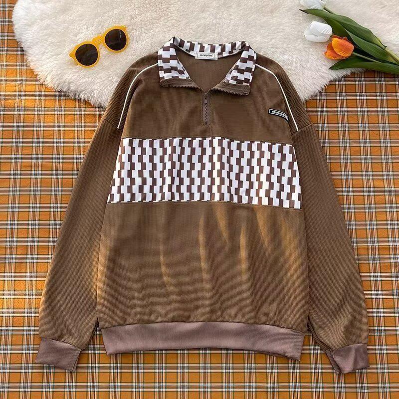 Men's Spring Casual Checkerboard Polo-Collar Sweatshirt - Retro, Loose-Fit Fashion Trend