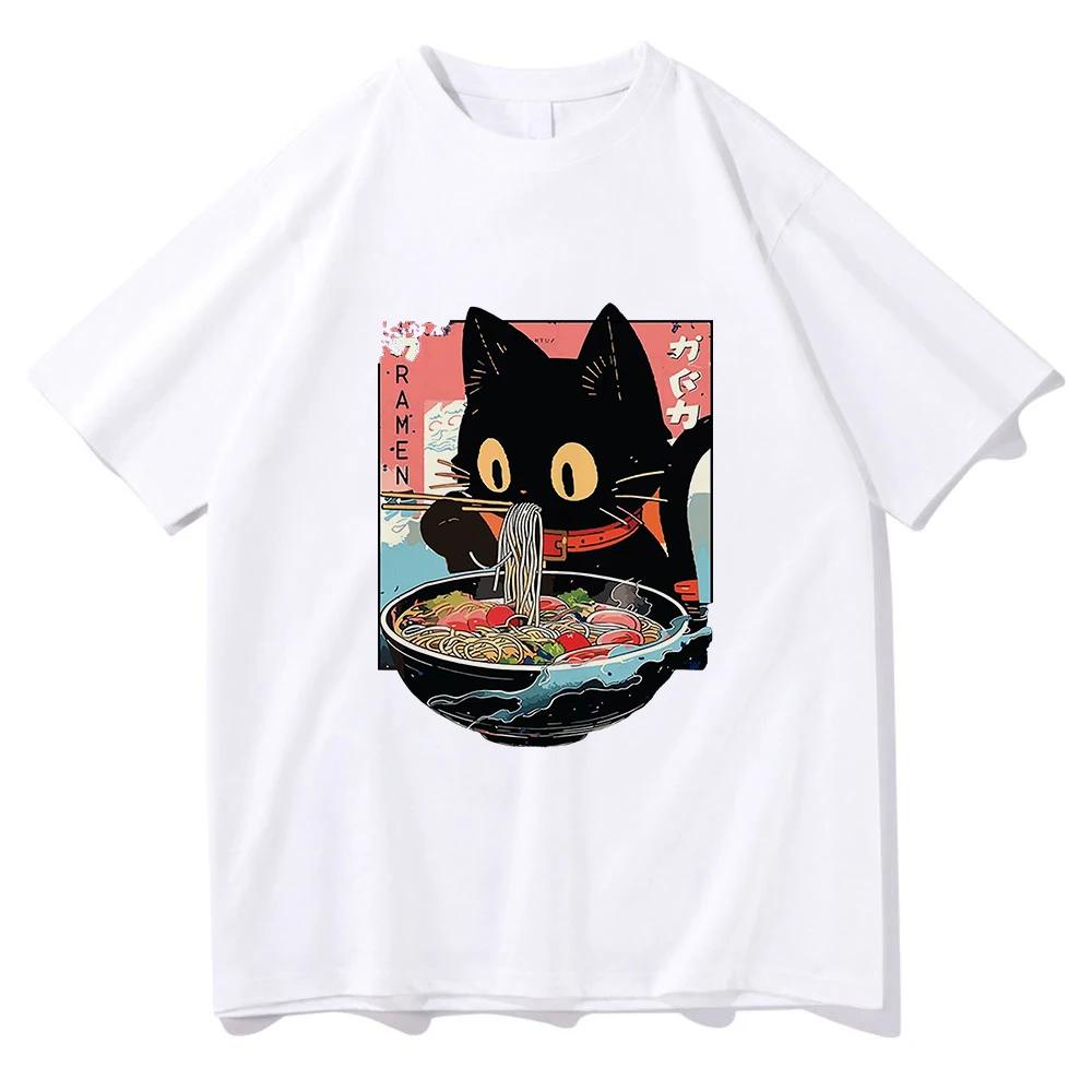 Camiseta de ramen de comida para gatos Kawai ropa de animación femenina Harajuku ropa blusa neutral blusa transpirable
