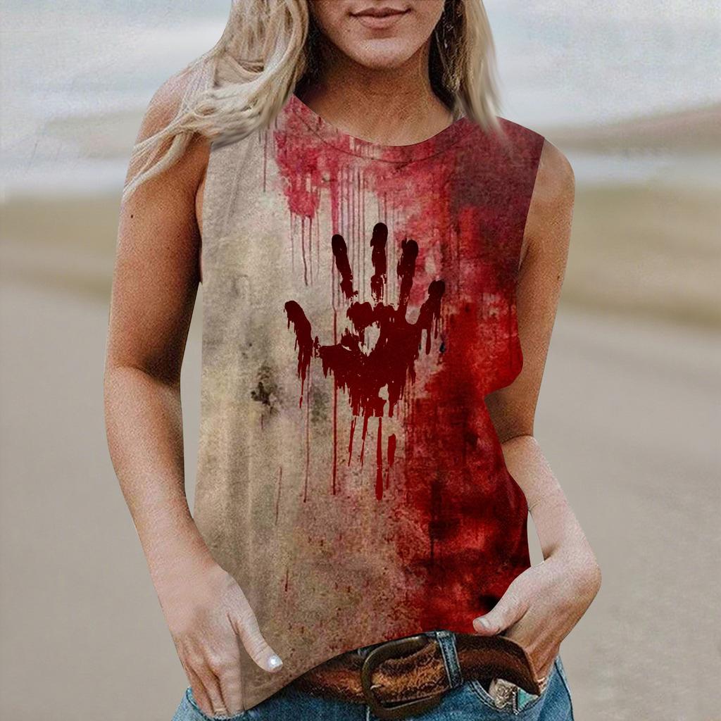 Women's Round Neck Casual Sleeveless Halloween Printed Vest T-Shirt Top