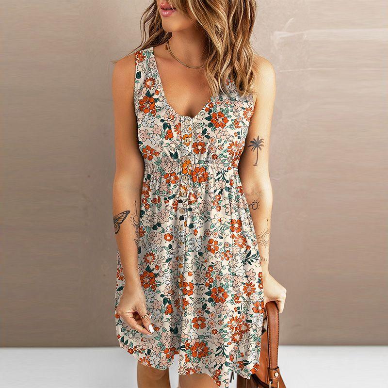 

2024 Summer New Arrival Cinched Sleeveless Dress Florals Printed All-Matching Fashion Knee-Length Skirt A- Line Skirt Skirt Women Orange color Size L fit (65.00 kg-72.50 kg