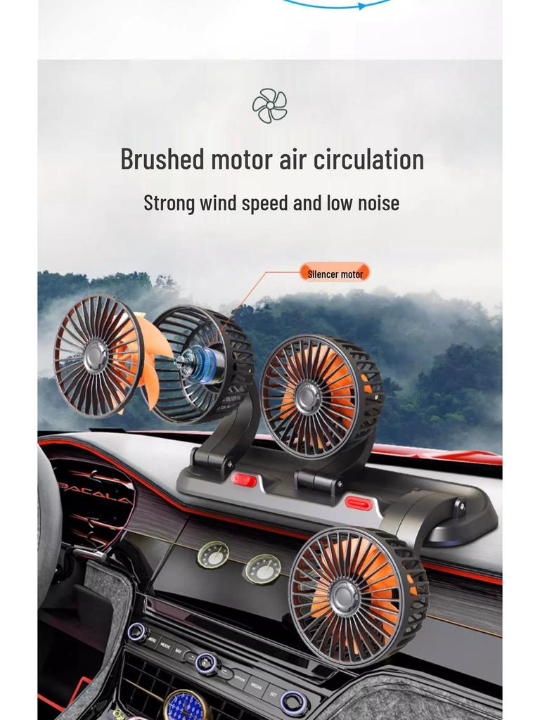 12V/24V Double Head USB Car Fan for Trucks & Minivans - Powerful Cooling