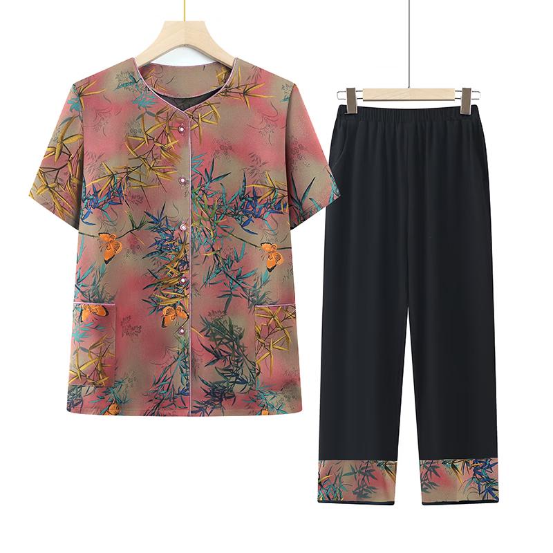 Elderly Women s New Chinese Style Bamboo Print Summer Set XL