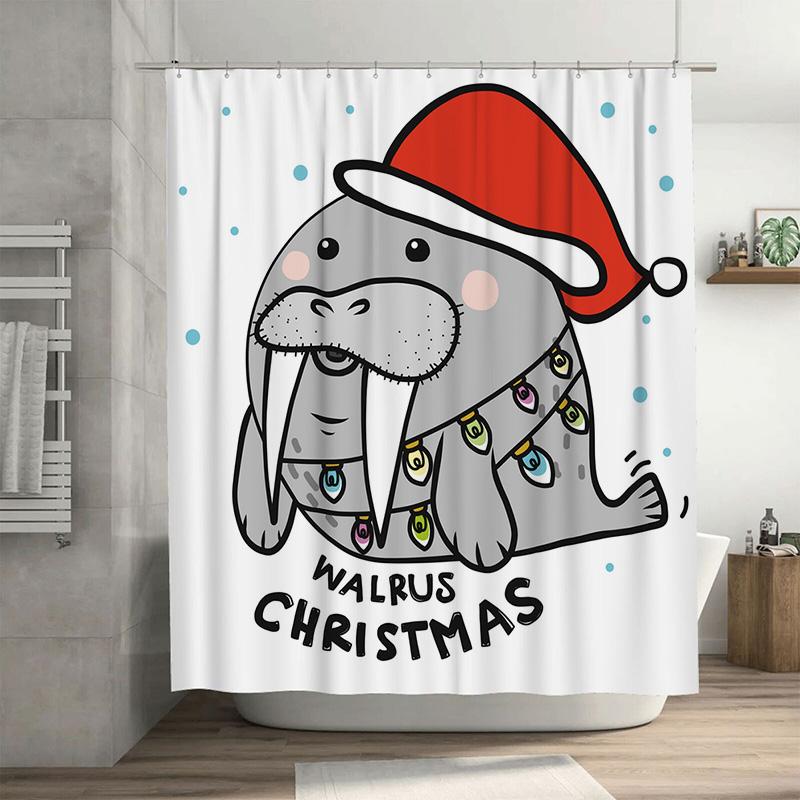 

Tu Christmas Walrus Shower Curtain Festive Holiday Ocean Animal Bathroom Decor Waterproof Cute Marine Life Coastal Vibes Home De W60H190(CM)-1 Pcs
