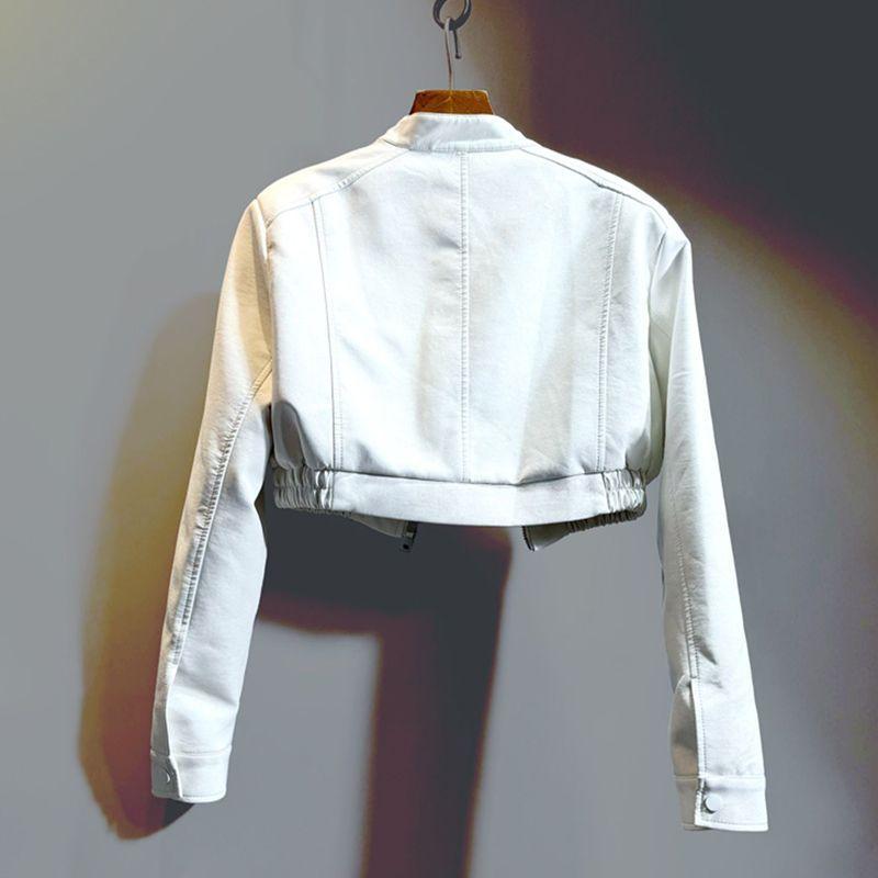 Chaqueta Corta Elegante de Cintura Alta para Mujer para Primavera y Otoño: Chaqueta de Cuero, Chaqueta Biker para Personas Menudas, Chaqueta de Cuero Sintético