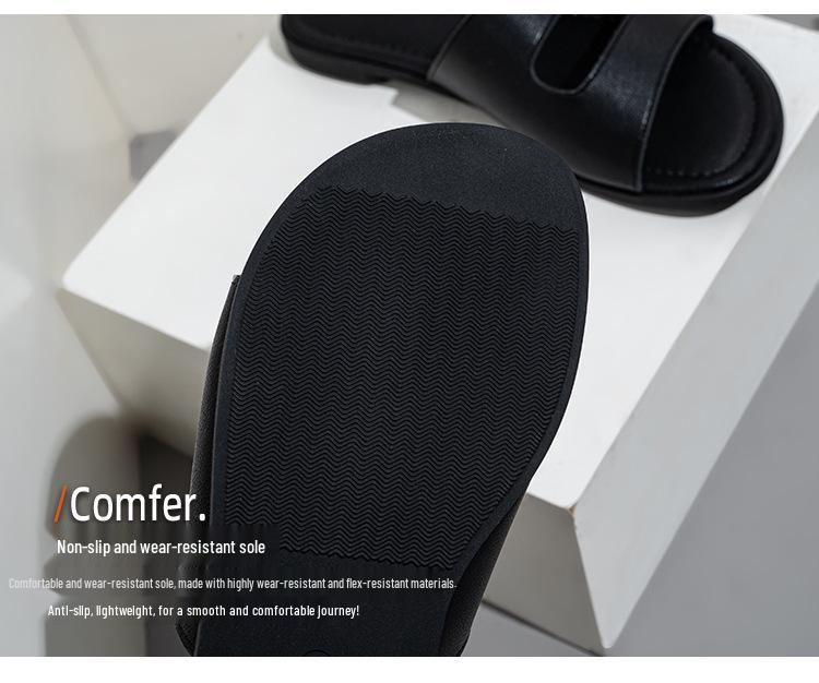 Plus Size Black Leather Flat Women's Sandals - Soft, Comfortable, Single Strap, Fashionable Hollow Outdoor Flip Flops
