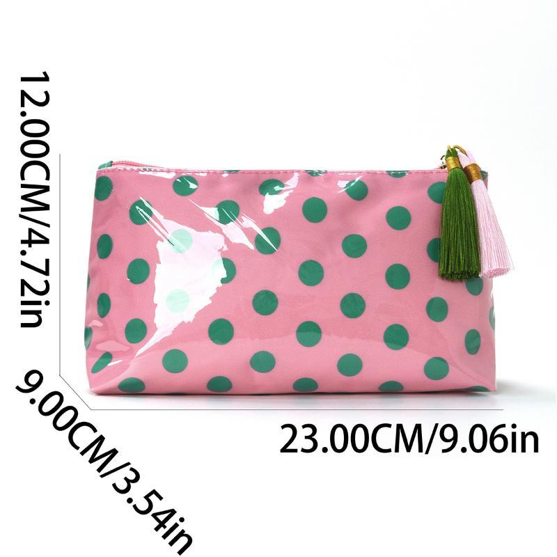 PVC Retro Polka Dots Cosmetic Bag Fringed Waterproof Zipper Makeup Organizer for Women Daily Skincare Carry