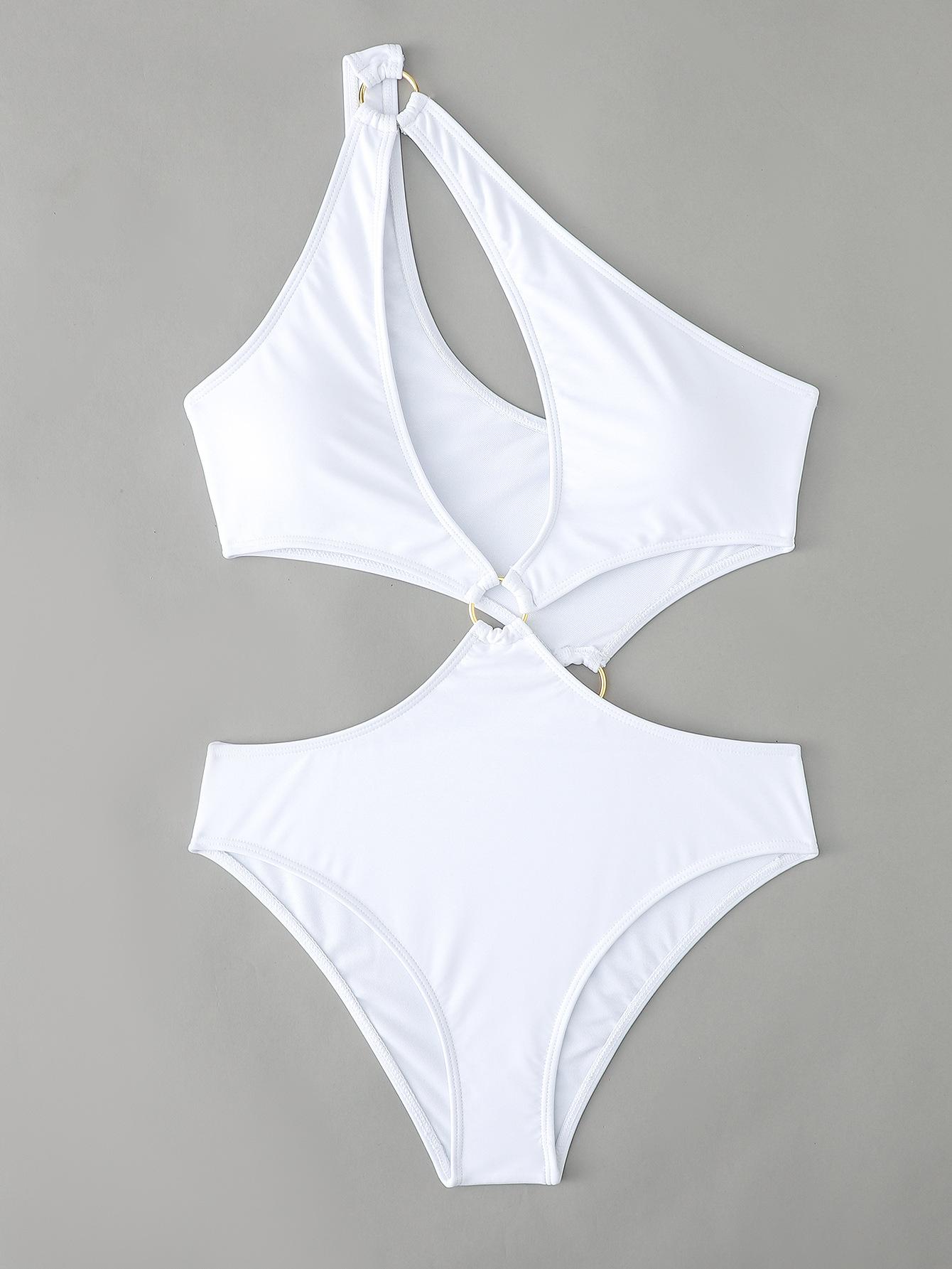 Fashion Sexy Solid Color One Shoulder Hollow Out Slim Fit Bikini Swimsuit For Beach S белый