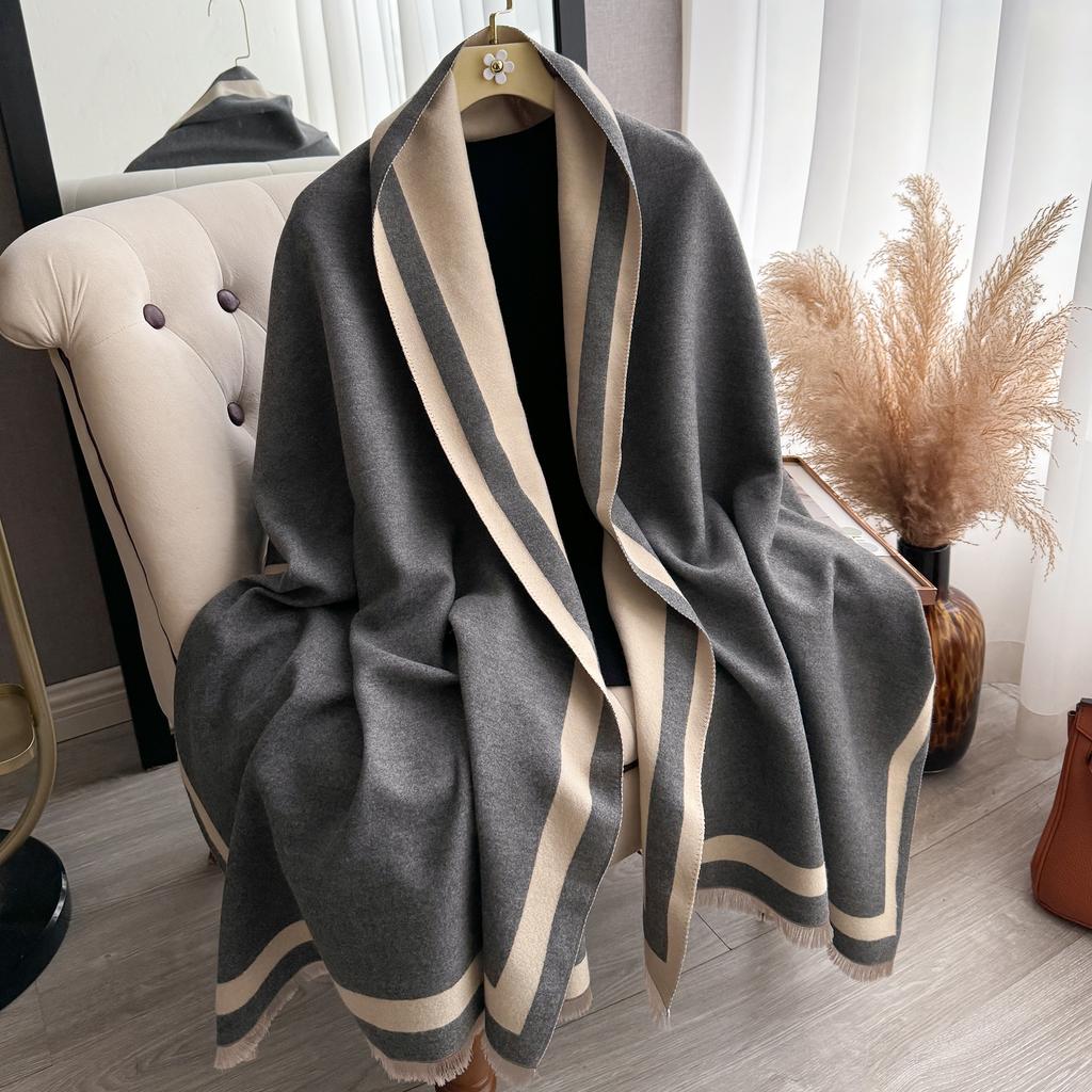 Two Tone Border Striped Cashmere Feel Scarf, Fringe Edge Large Warm Shawl Wrap For Women Winter Daily Office Gift