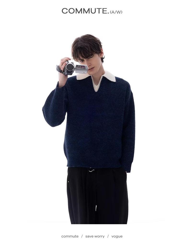Unisex British-Style Heavyweight Sweater: Two-Piece Look, Lapel Design, Trendy and Versatile for Autumn/Winter.