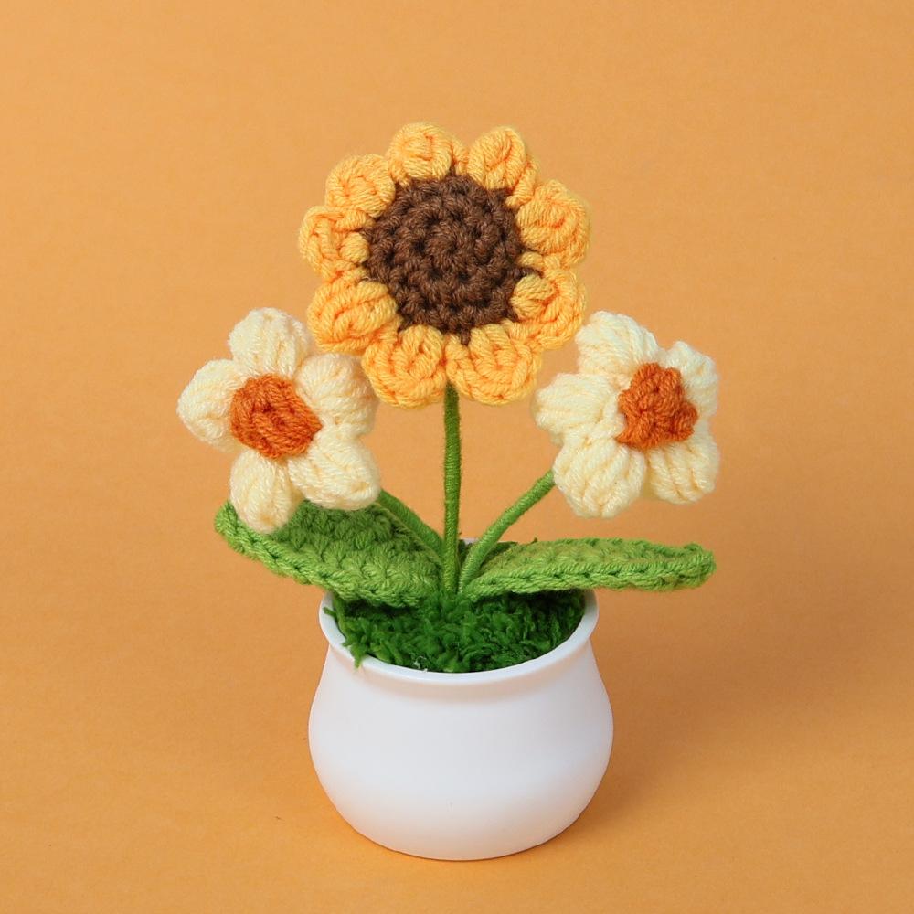 Hand-Knitted Wool Fake Flowers Set: Sunflower, Carnation, Tulip - Desktop Decor, Teacher/Student Gift, Everlasting Bouquet